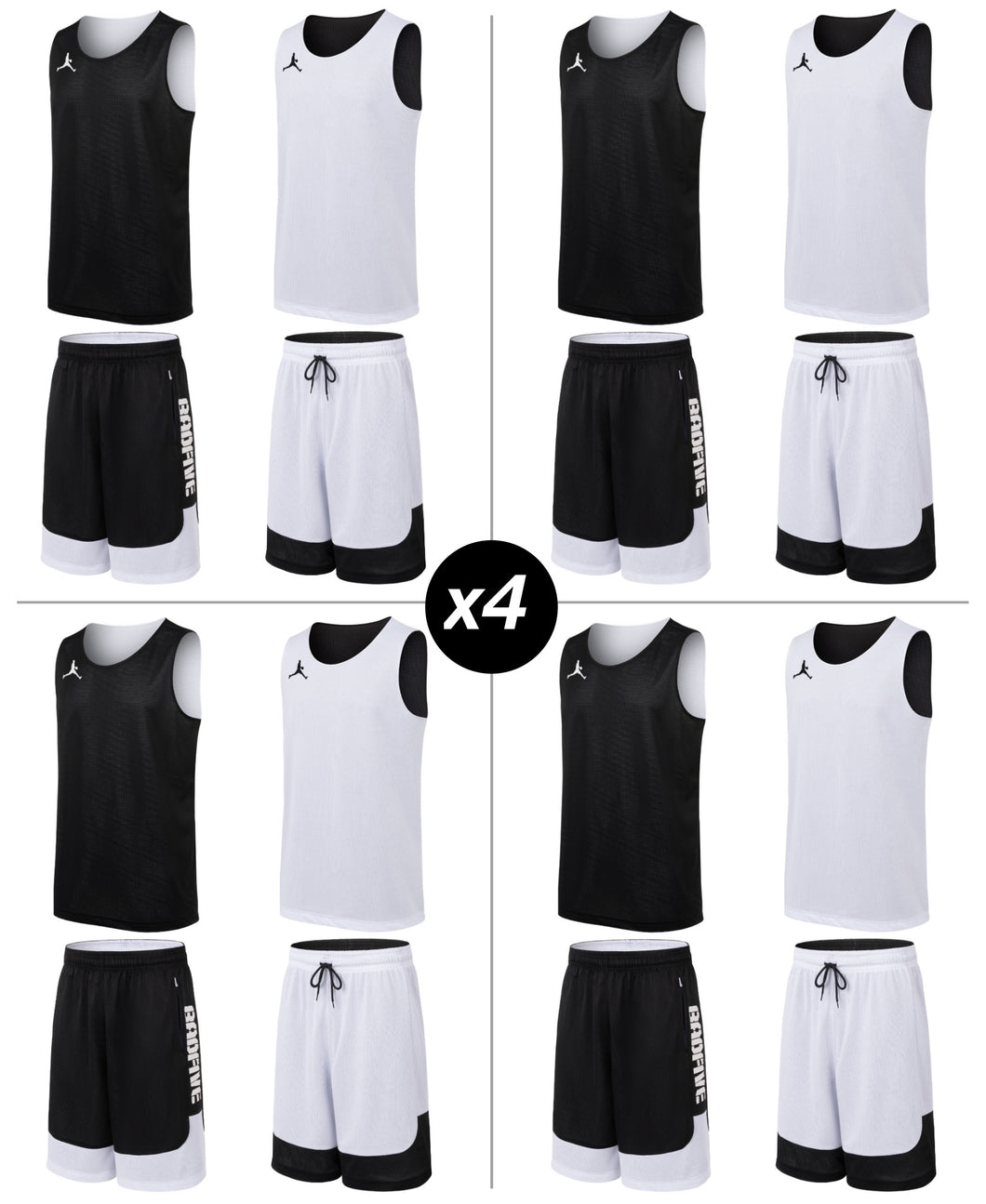 4 X Réversible Tenue de basket-ball noir / blanc